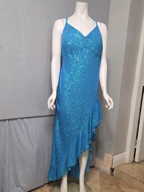 Morgan & Co. Turquoise Sequin High-Low Slip Dress